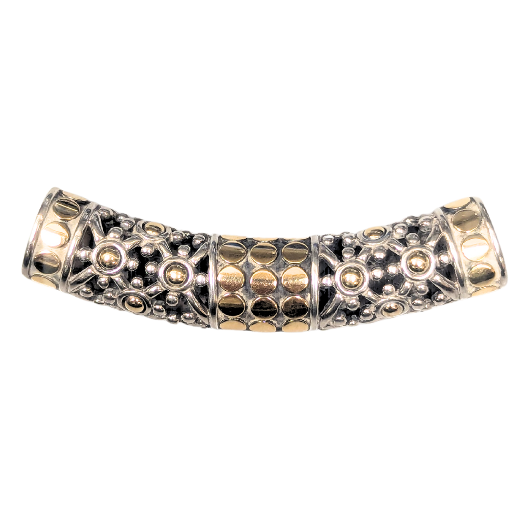 John Hardy slide pendant in sterling silver and 18k yellow gold with intricate filigree and polished gold dot accents.