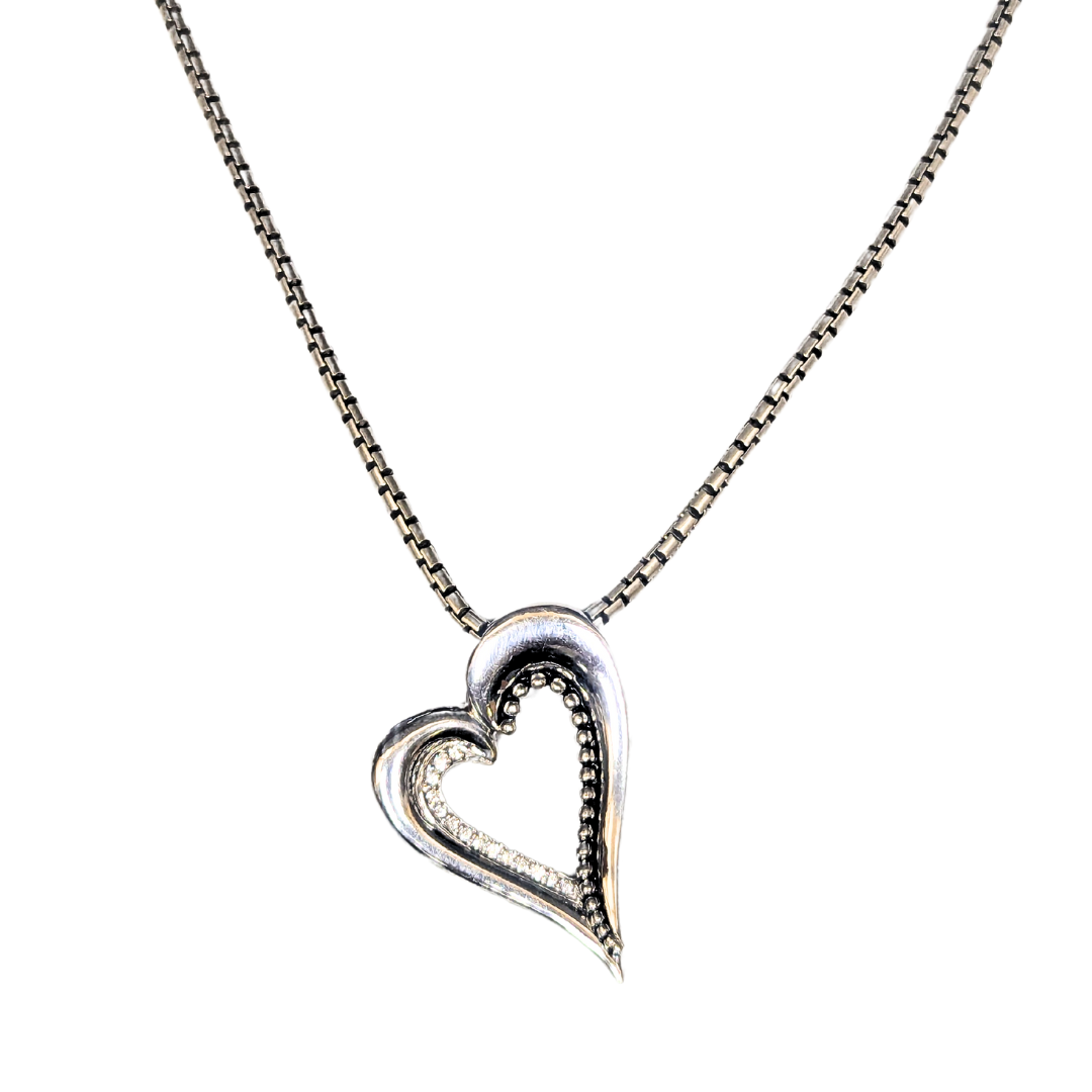 John Atencio sterling silver open heart pendant with diamond accents on an 18-inch rounded box chain.