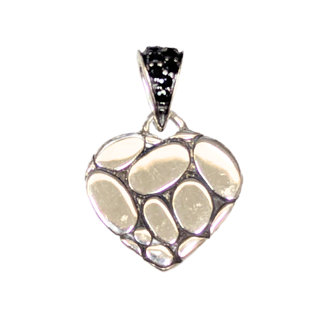 John Hardy sterling silver heart pendant featuring a textured pebble design and a black spinel-accented bail.