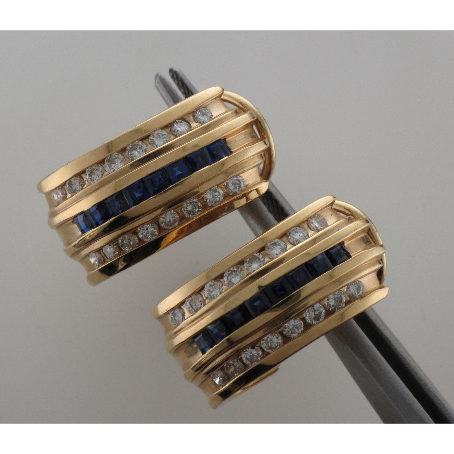 Triple Row Channel Set Diamond & Sapphire Earrings-Earrings-Antique, Estate & Consignment-hurdles-jewelry-boulder-colorado