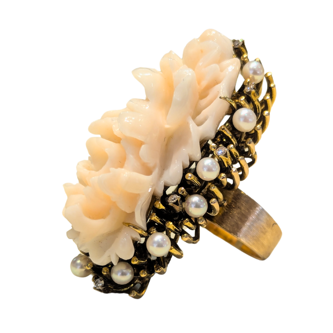 Vintage 14k Yellow Gold Floral Carved Coral Ring with Pearl and Diamond Accents-Ring-Antique, Estate & Consignment-I don' know or see my size-hurdles-jewelry-boulder-colorado