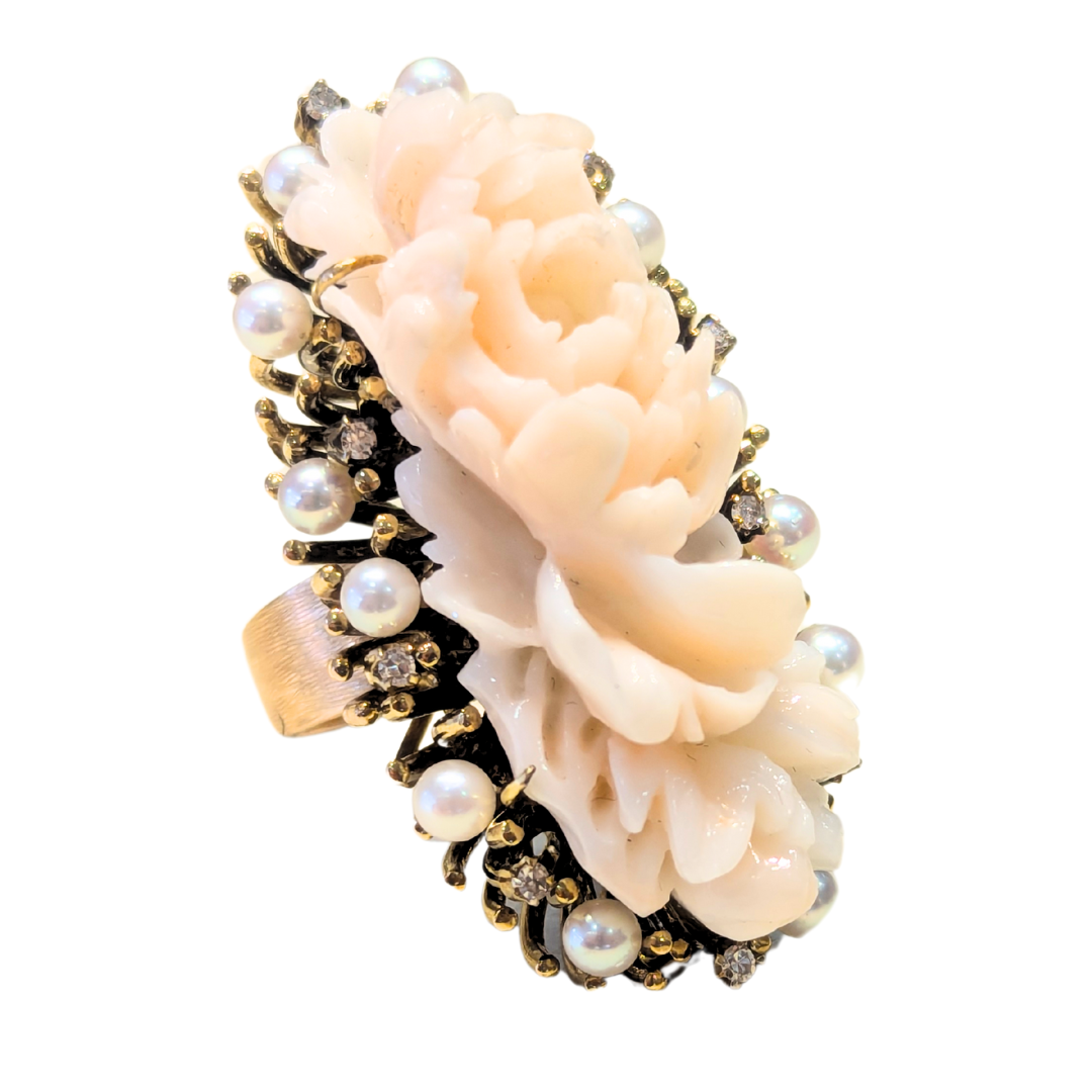 Vintage 14k Yellow Gold Floral Carved Coral Ring with Pearl and Diamond Accents-Ring-Antique, Estate & Consignment-I don' know or see my size-hurdles-jewelry-boulder-colorado