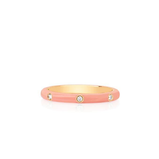 3 Diamond Coral Enamel Stack Ring-Enamel-EF Collection-hurdles-jewelry-boulder-colorado