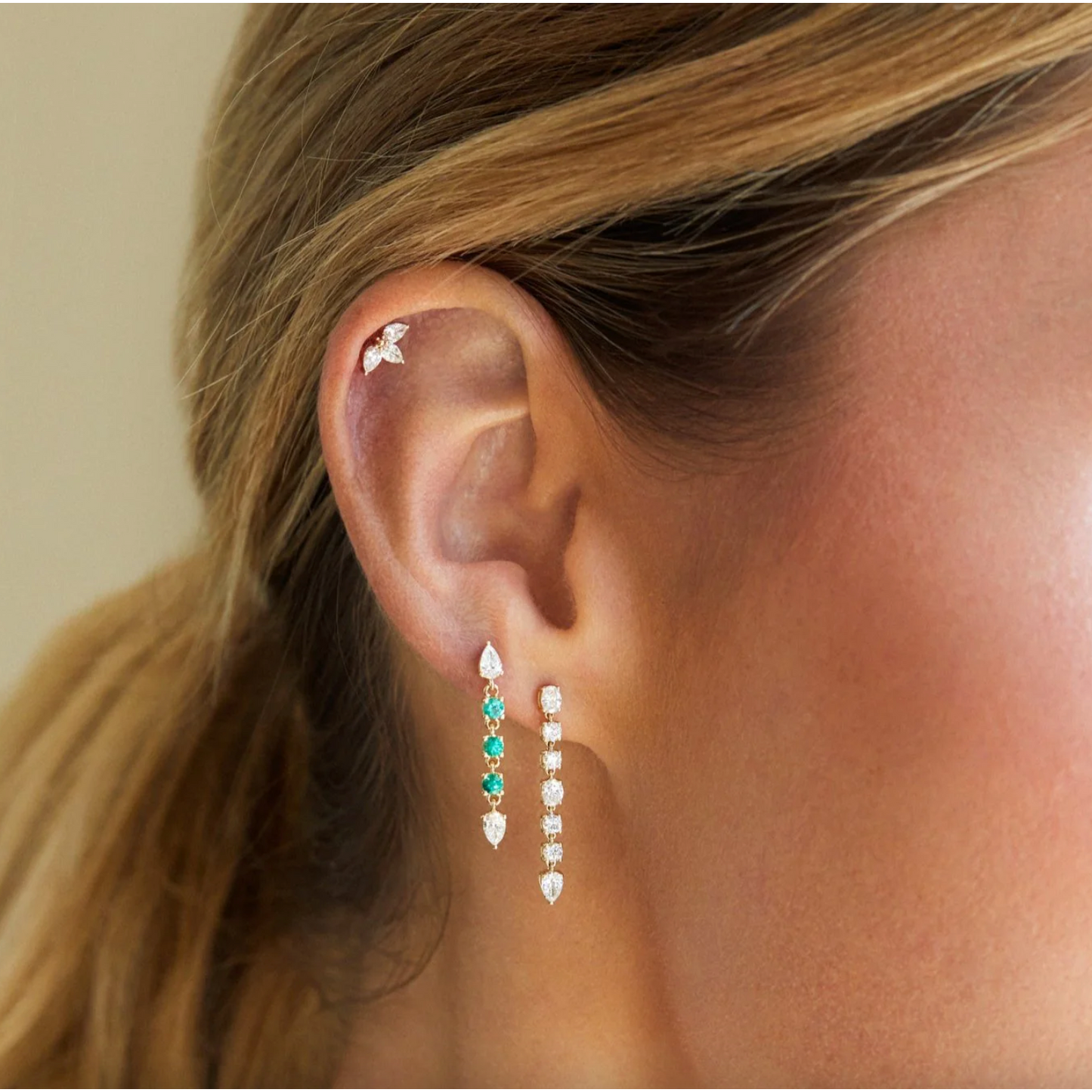 Diamond & Emerald Drop Stud Earrings-Earrings-EF Collection-14K Yellow Gold-hurdles-jewelry-boulder-colorado
