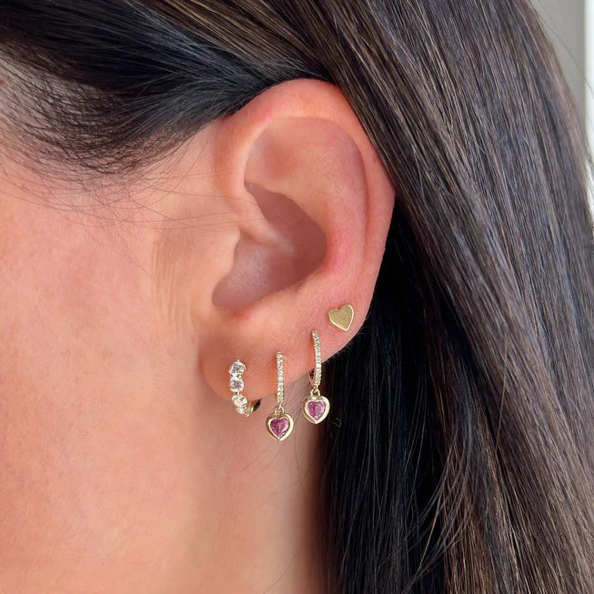 Diamond Mini Huggie with Pink Sapphire Heart Drop Earring-Earrings-EF Collection-hurdles-jewelry-boulder-colorado