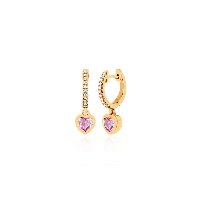 Diamond Mini Huggie with Pink Sapphire Heart Drop Earring-Earrings-EF Collection-hurdles-jewelry-boulder-colorado