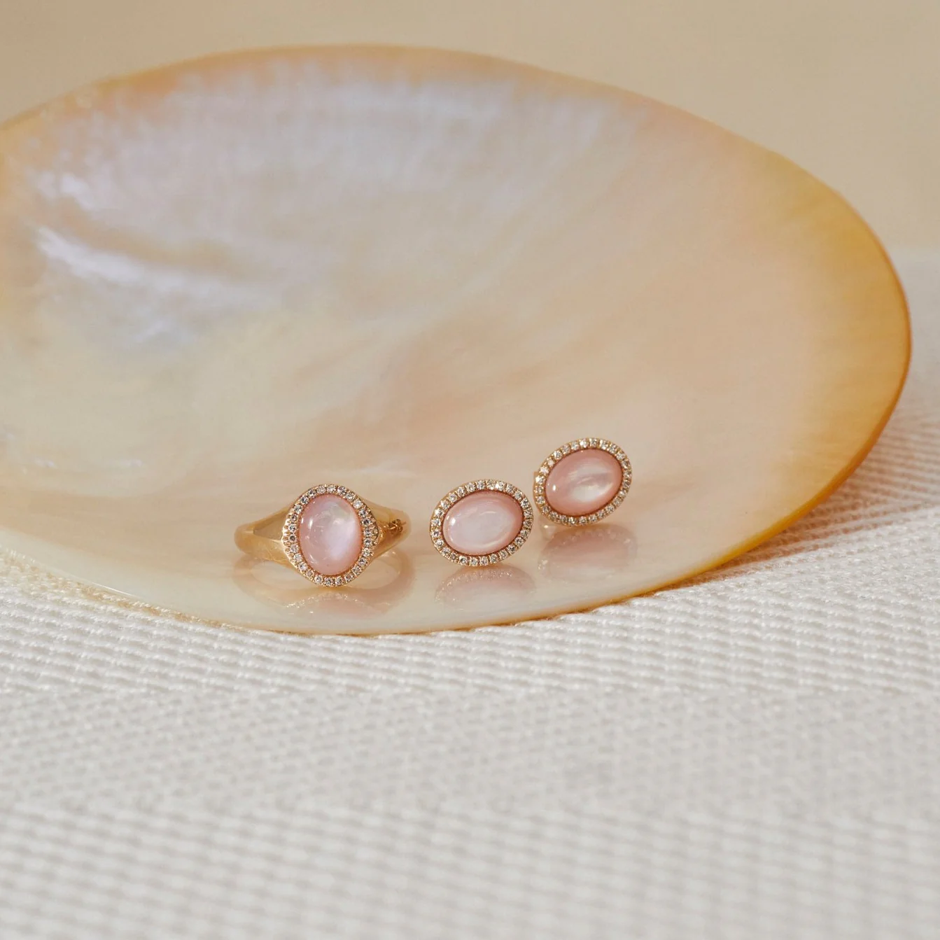 Diamond & Pink Mother of Pearl Cabochon Stud Earrings-Earrings-EF Collection-14K White Gold-hurdles-jewelry-boulder-colorado