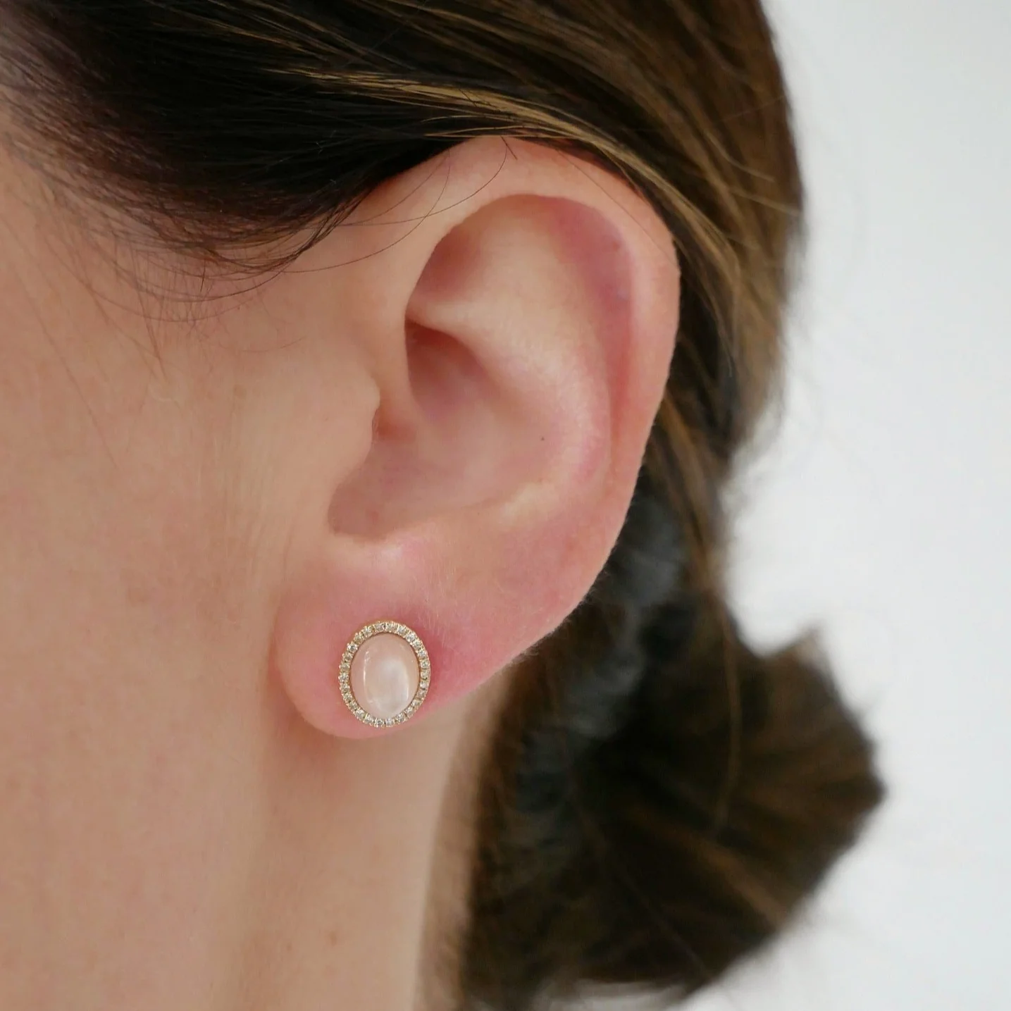 Diamond & Pink Mother of Pearl Cabochon Stud Earrings-Earrings-EF Collection-14K White Gold-hurdles-jewelry-boulder-colorado