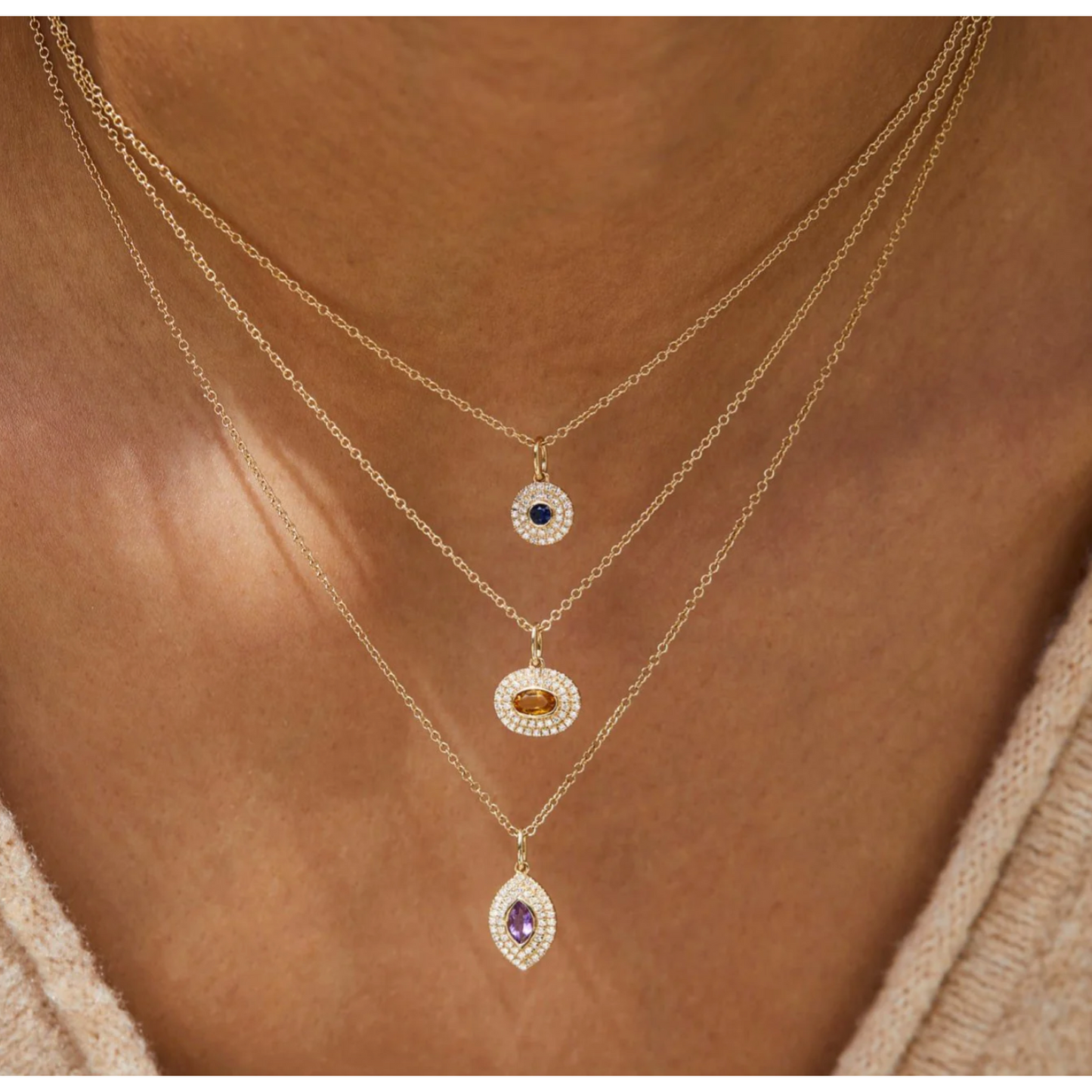 Diamond & Round Blue Sapphire Gem Necklace-Necklace-EF Collection-hurdles-jewelry-boulder-colorado