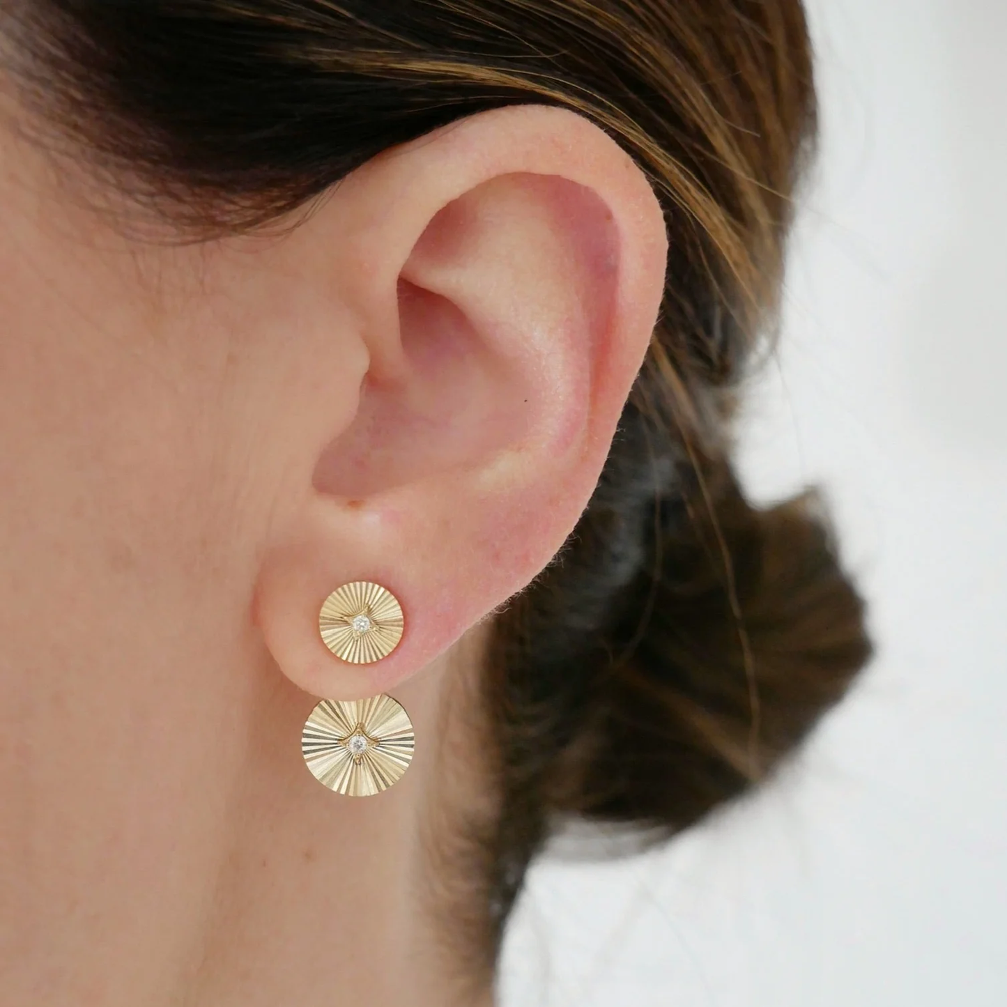 Double Gold & Diamond Fluted Disc Stud Earrings-Earrings-EF Collection-hurdles-jewelry-boulder-colorado