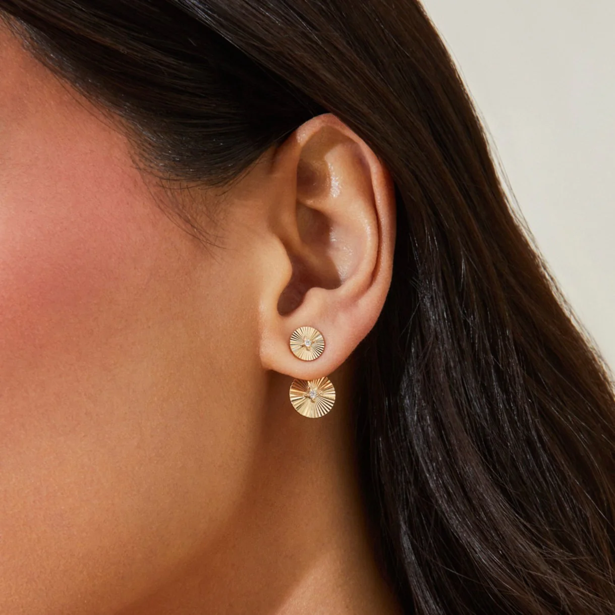 Double Gold & Diamond Fluted Disc Stud Earrings-Earrings-EF Collection-hurdles-jewelry-boulder-colorado