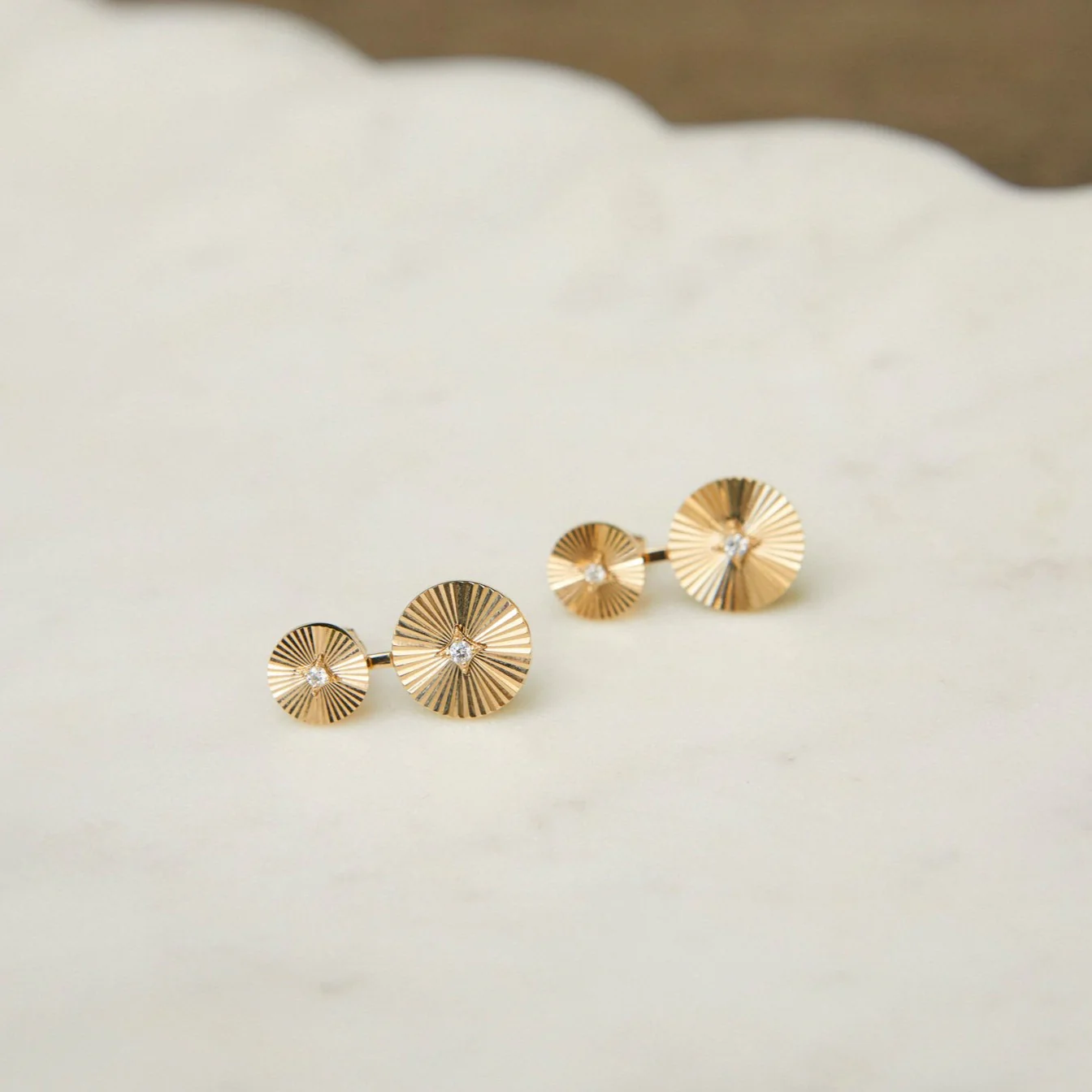 Double Gold & Diamond Fluted Disc Stud Earrings-Earrings-EF Collection-hurdles-jewelry-boulder-colorado