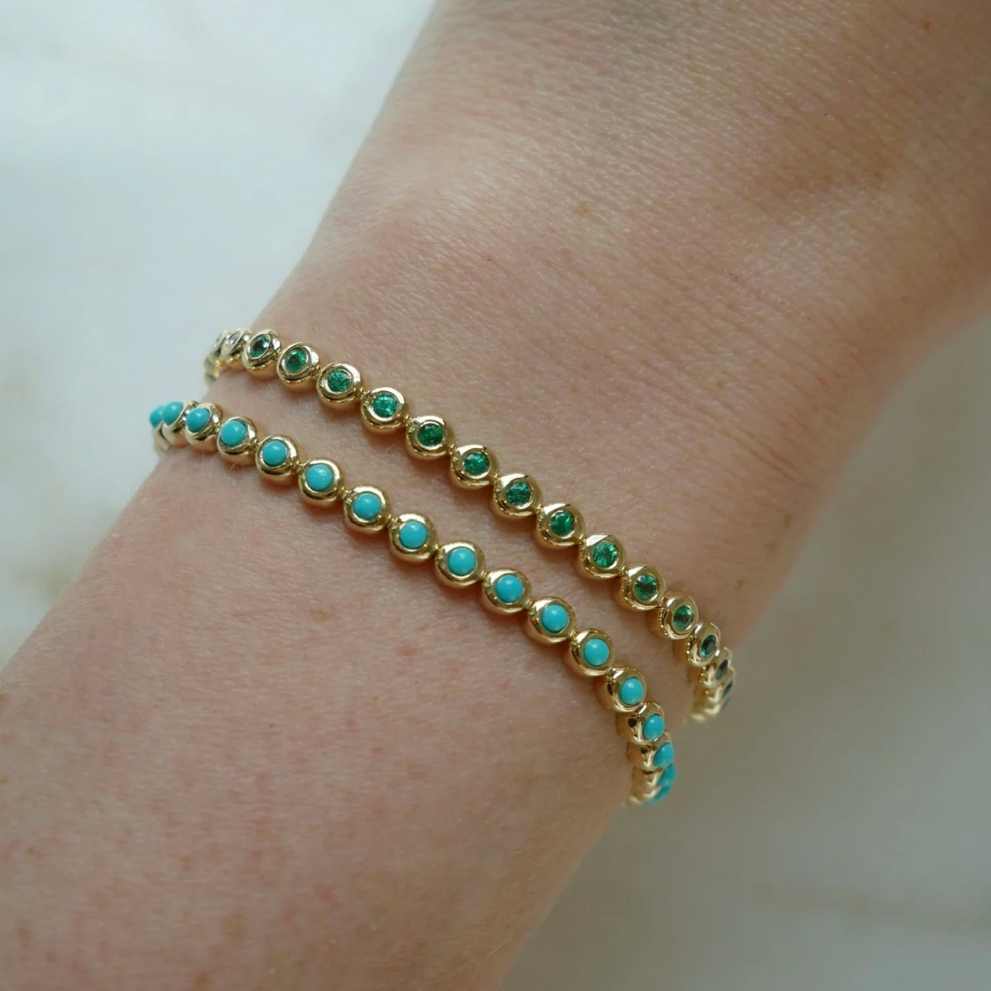 Emerald & Diamond Pillow Eternity Bracelet-Bracelet-EF Collection-14K Yellow Gold-hurdles-jewelry-boulder-colorado