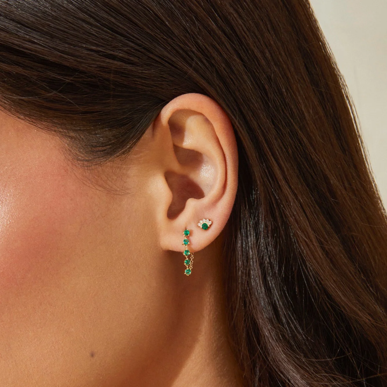 Multi Emerald Chain Stud Earrings-Earrings-EF Collection-14k Rose Gold-Pair-hurdles-jewelry-boulder-colorado