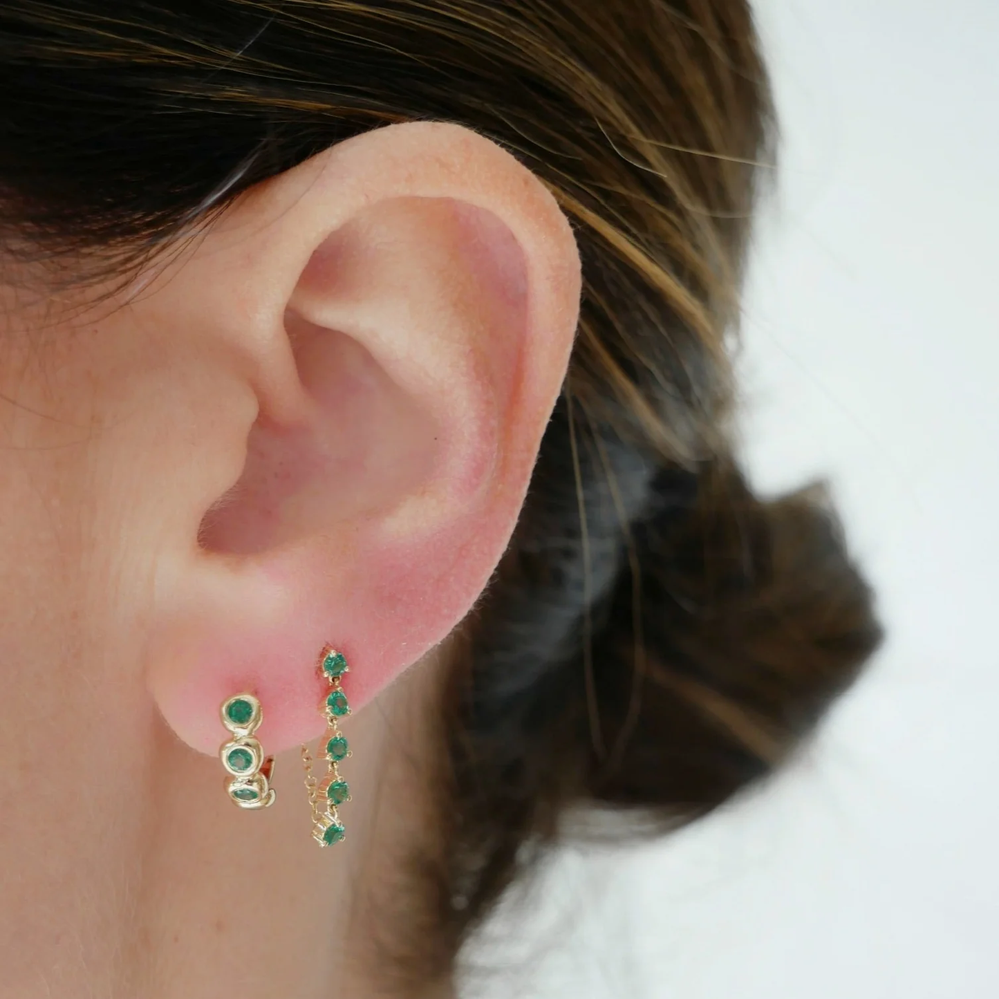 Multi Emerald Chain Stud Earrings-Earrings-EF Collection-14k Rose Gold-Pair-hurdles-jewelry-boulder-colorado
