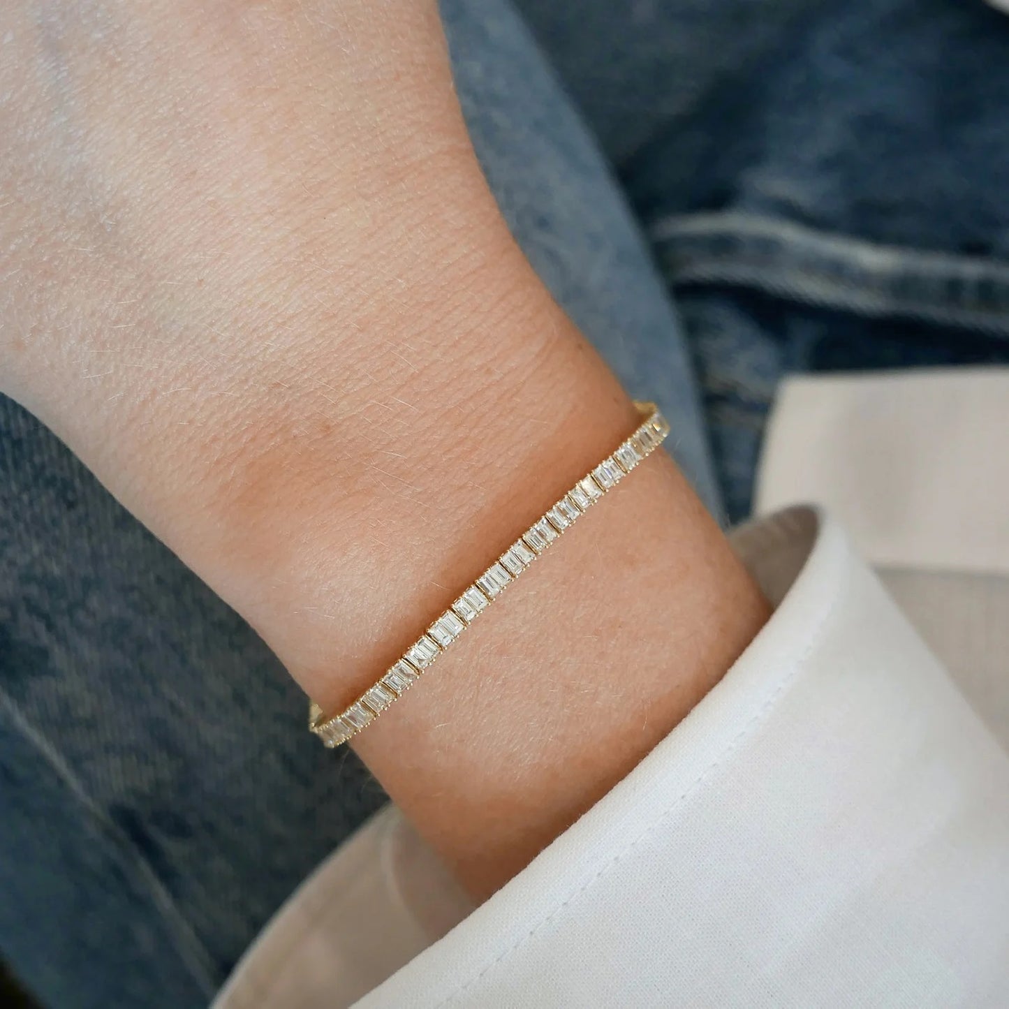 Prong Set Diamond Baguette Eternity Bracelet-Bracelet-EF Collection-14K White Gold-hurdles-jewelry-boulder-colorado
