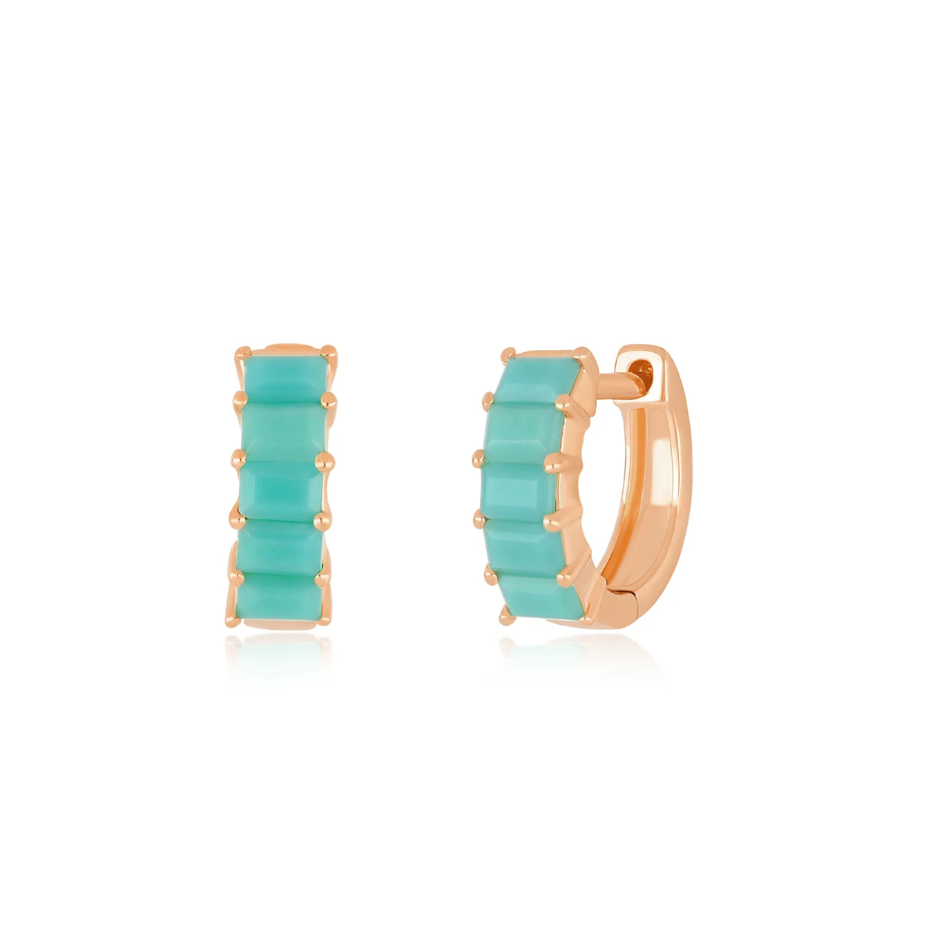 Prong Set Turquoise Baguette Mini Huggie Earrings-Earrings-EF Collection-14K Rose Gold-Pair-hurdles-jewelry-boulder-colorado
