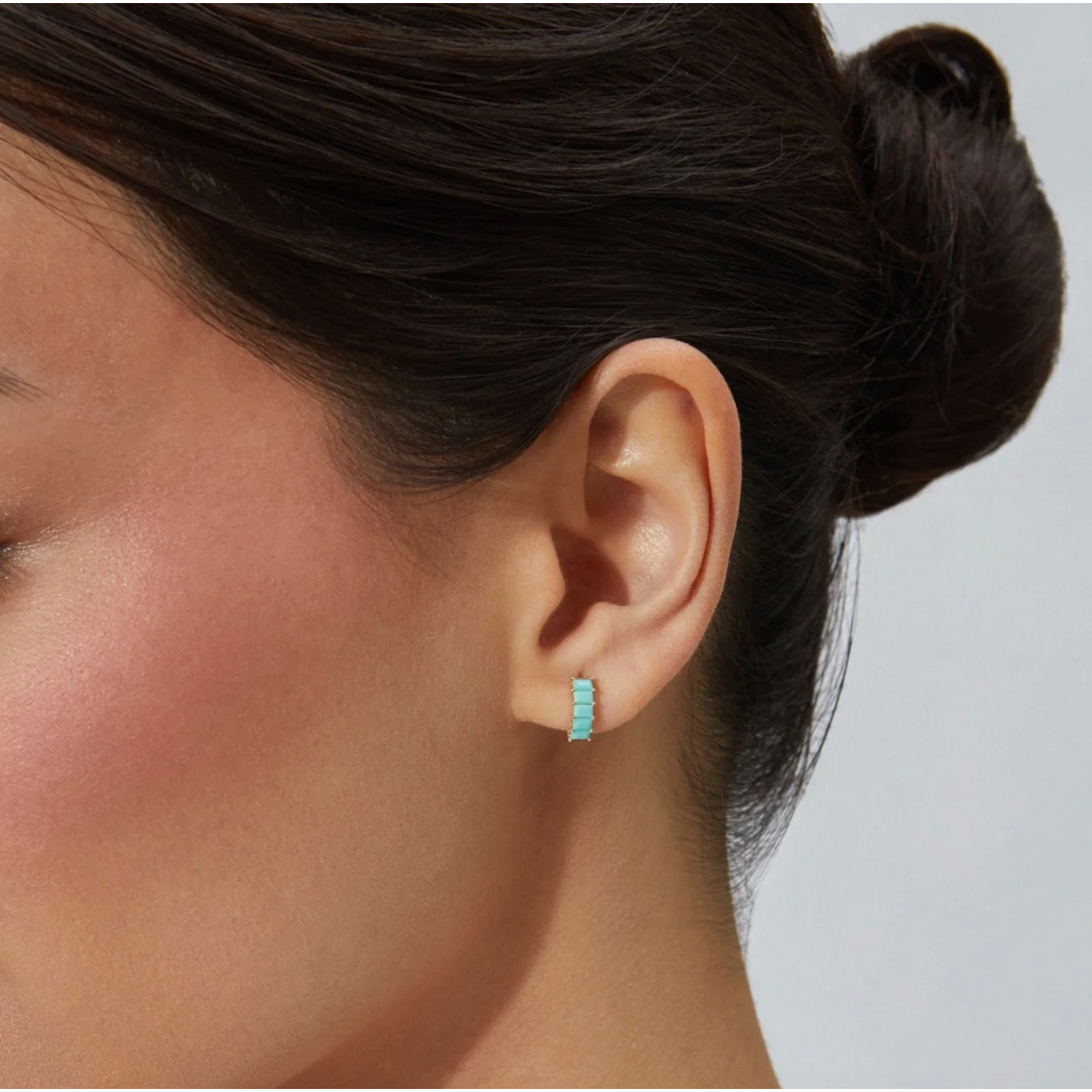 Prong Set Turquoise Baguette Mini Huggie Earrings-Earrings-EF Collection-14K Rose Gold-Pair-hurdles-jewelry-boulder-colorado