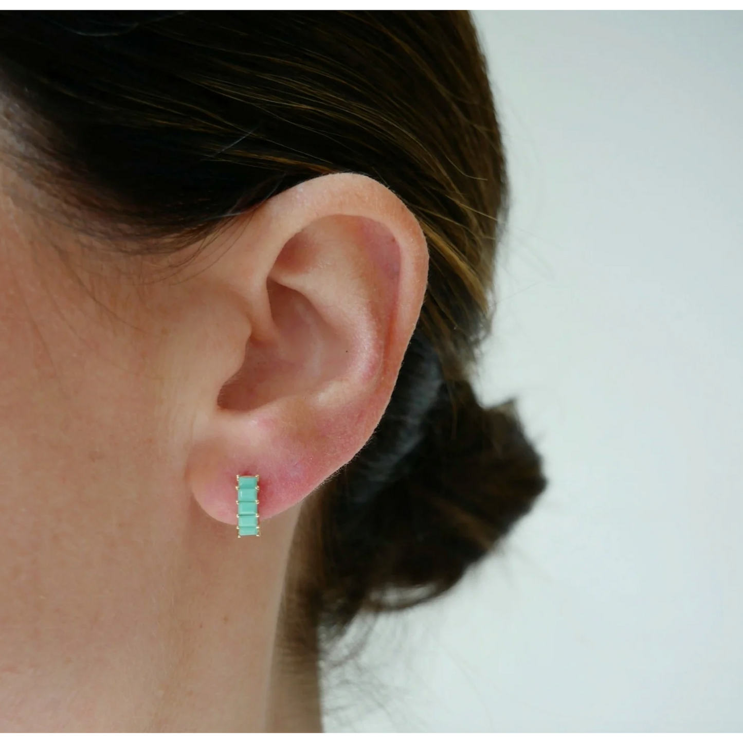 Prong Set Turquoise Baguette Mini Huggie Earrings-Earrings-EF Collection-14K Rose Gold-Pair-hurdles-jewelry-boulder-colorado