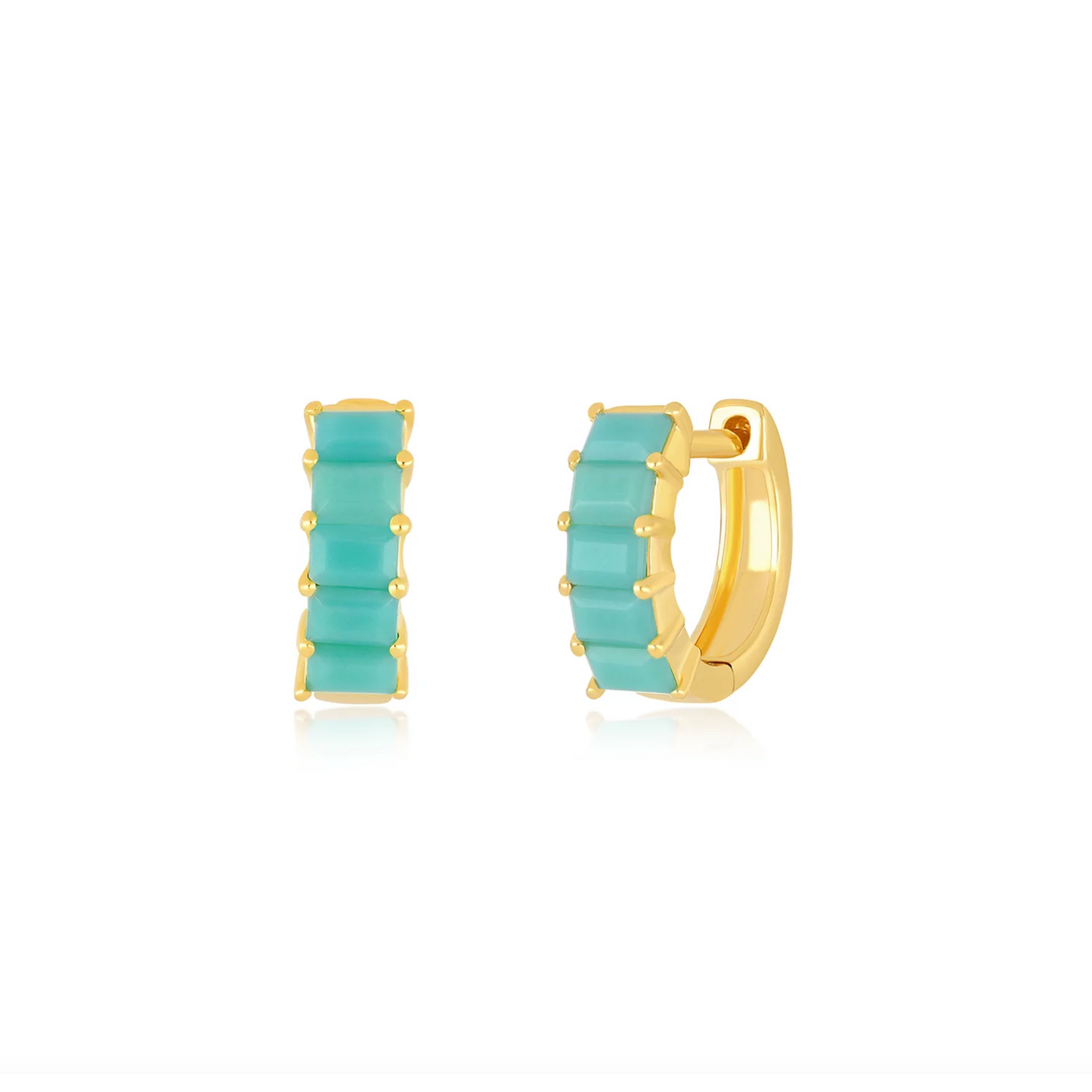 Prong Set Turquoise Baguette Mini Huggie Earrings-Earrings-EF Collection-14K Rose Gold-Pair-hurdles-jewelry-boulder-colorado
