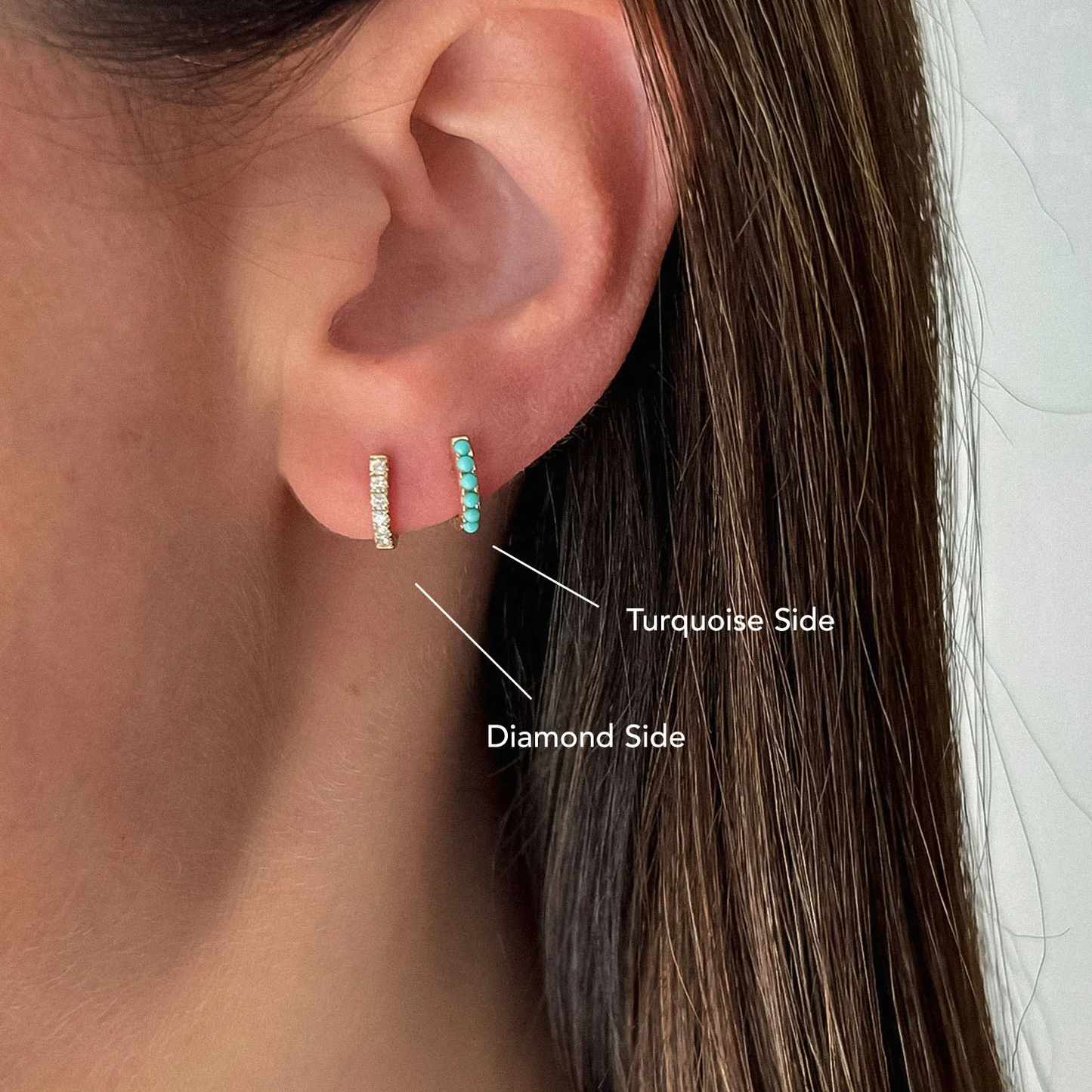 Reversible Diamond & Turquoise Mini Huggie Earrings-Earrings-EF Collection-14k Rose Gold-Pair-hurdles-jewelry-boulder-colorado