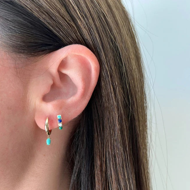 Turquoise Oval Drop Gold Dome Huggie Earring-Earrings-EF Collection-14K Rose Gold-Pair-hurdles-jewelry-boulder-colorado