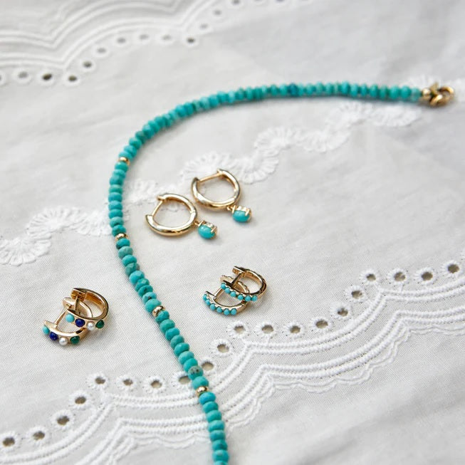 Turquoise Oval Drop Gold Dome Huggie Earring-Earrings-EF Collection-14K Rose Gold-Pair-hurdles-jewelry-boulder-colorado