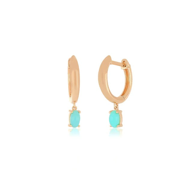 Turquoise Oval Drop Gold Dome Huggie Earring-Earrings-EF Collection-14K Rose Gold-Pair-hurdles-jewelry-boulder-colorado