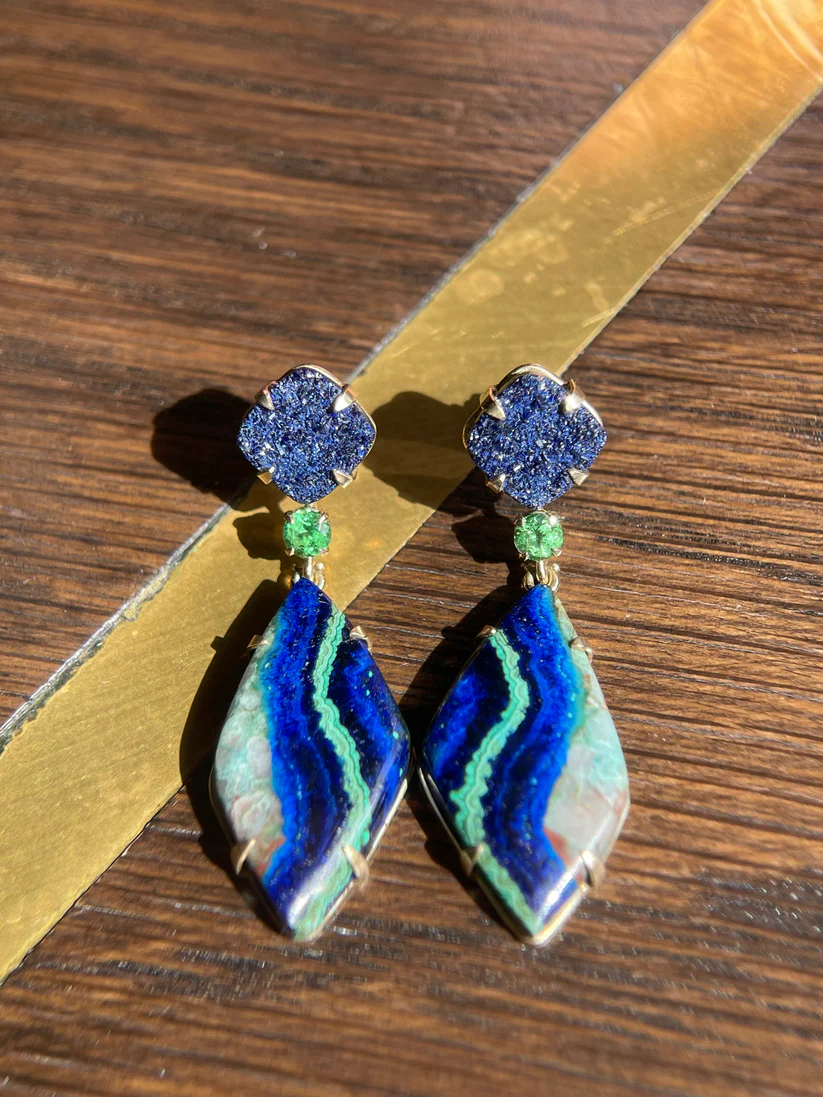 Amazon Azurite Slice Earrings-Earrings-Eleux Jewelry-hurdles-jewelry-boulder-colorado