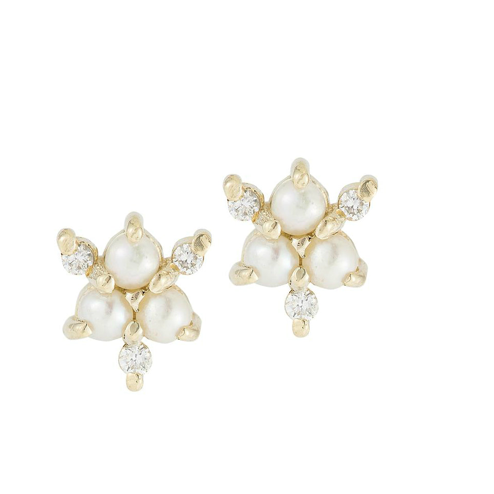 Pearl Diamond Snowflake Stud Earrings-Earrings-Jennie Kwon-14K Yellow Gold-hurdles-jewelry-boulder-colorado