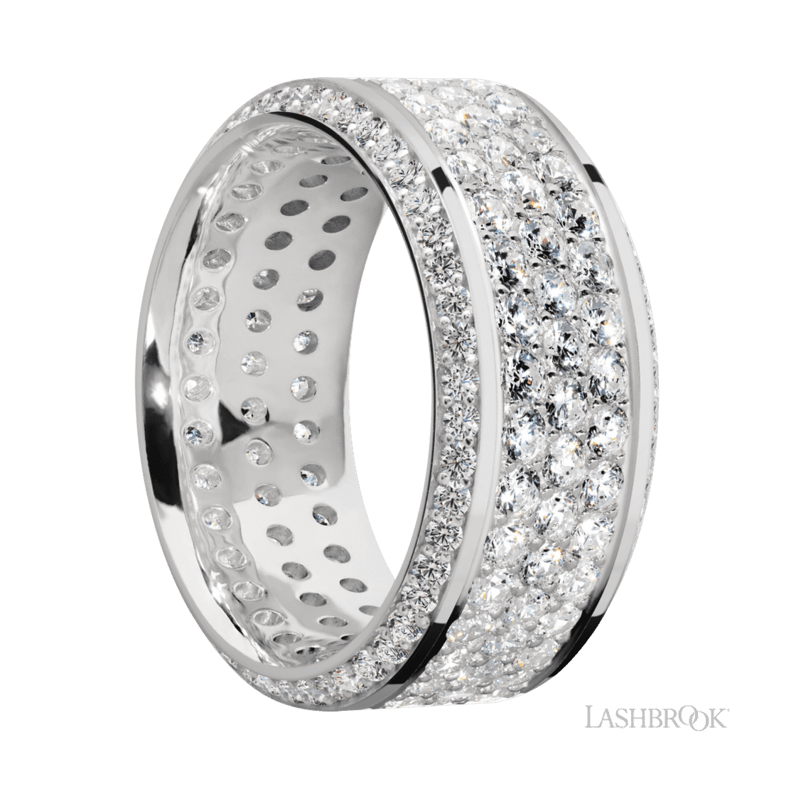 10 mm wide/High Bevel/14K White Gold band with a Bevel Eternity arrangement of .01 carat Round Diamond stones in a Bead setting and featuring a a 3 Row Eternity arrangement of .03 carat Round Diamond stones in a Bead Channel setting-Wedding Band-Lashbrook Designs-I don' know or see my size-hurdles-jewelry-boulder-colorado
