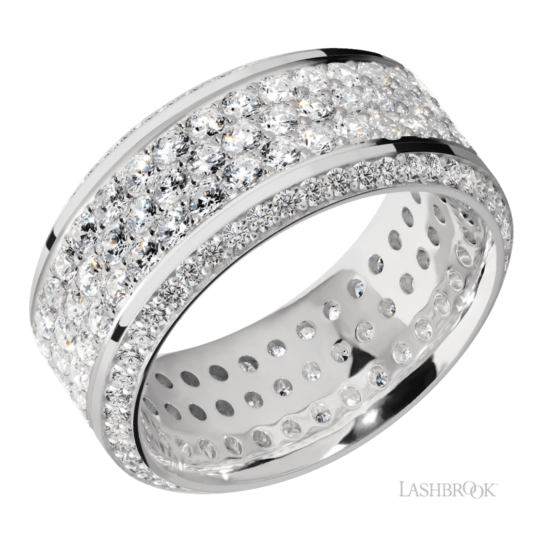 10 mm wide/High Bevel/14K White Gold band with a Bevel Eternity arrangement of .01 carat Round Diamond stones in a Bead setting and featuring a a 3 Row Eternity arrangement of .03 carat Round Diamond stones in a Bead Channel setting-Wedding Band-Lashbrook Designs-I don' know or see my size-hurdles-jewelry-boulder-colorado