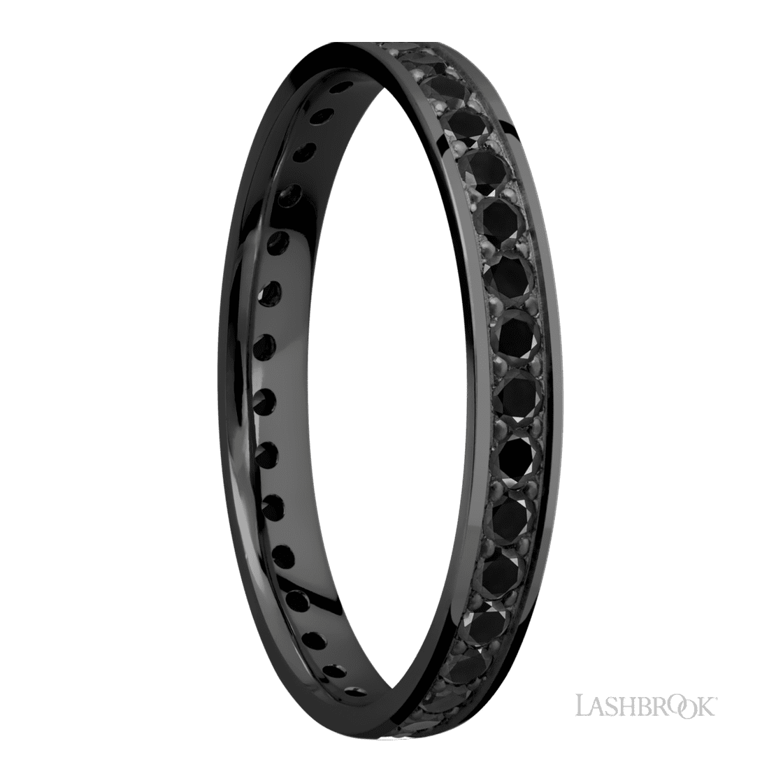 3 mm wide/Flat/Zirconium band with an Eternity arrangement of .03 carat Round Black Diamond stones in a Bead setting.-Wedding Band-Lashbrook Designs-I don' know or see my size-hurdles-jewelry-boulder-colorado
