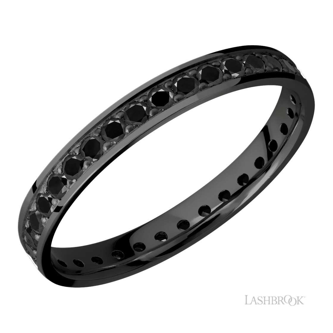 3 mm wide/Flat/Zirconium band with an Eternity arrangement of .03 carat Round Black Diamond stones in a Bead setting.-Wedding Band-Lashbrook Designs-I don' know or see my size-hurdles-jewelry-boulder-colorado