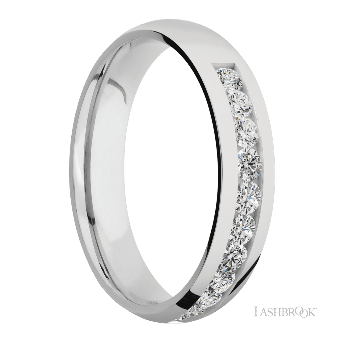 5 mm wide/Domed/Cobalt Chrome band with a Half Eternity arrangement of .07 carat Round Diamond stones in a Channel setting.-Wedding Band-Lashbrook Designs-I don' know or see my size-hurdles-jewelry-boulder-colorado