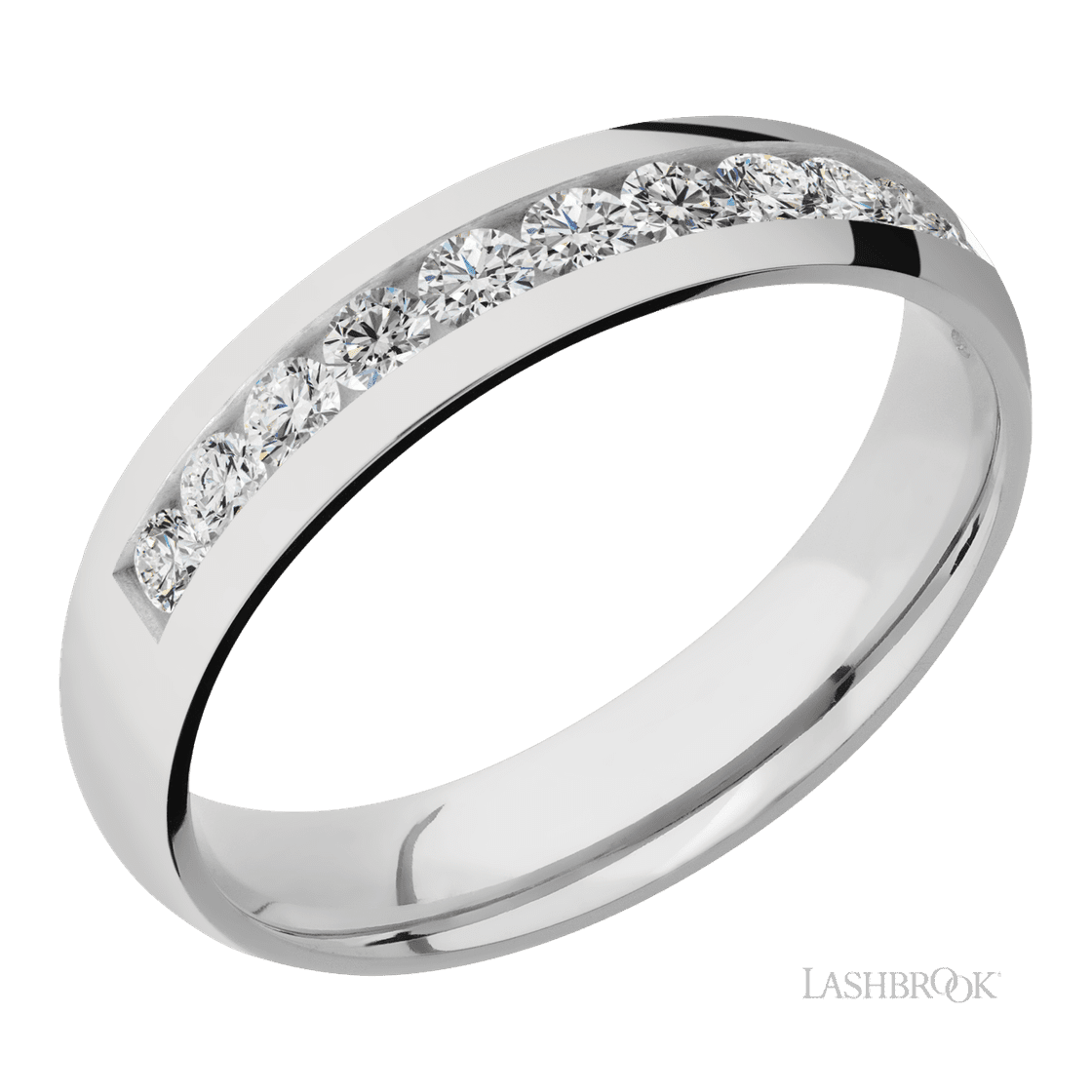 5 mm wide/Domed/Cobalt Chrome band with a Half Eternity arrangement of .07 carat Round Diamond stones in a Channel setting.-Wedding Band-Lashbrook Designs-I don' know or see my size-hurdles-jewelry-boulder-colorado