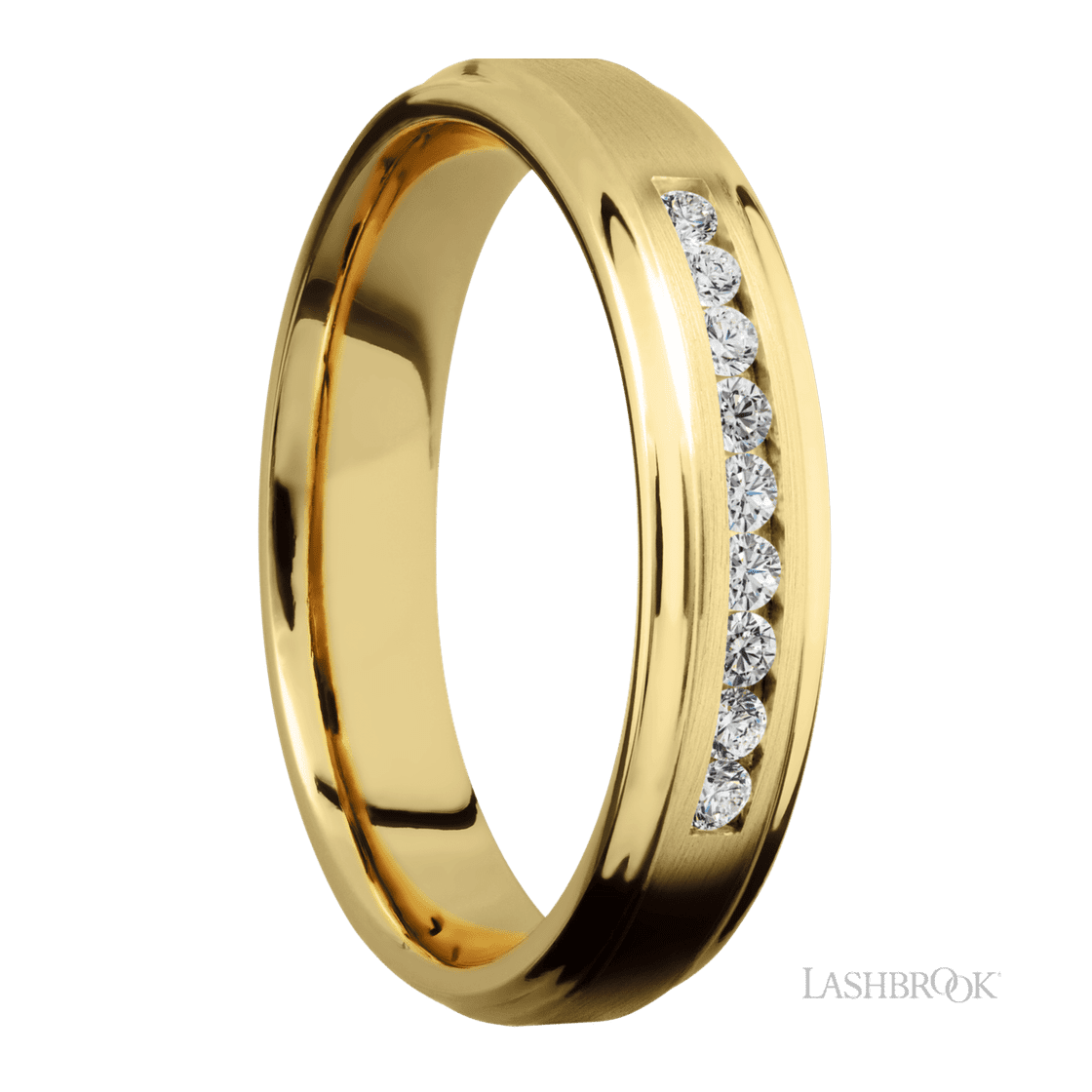 5 mm wide/Flat Grooved Edges/14K Yellow Gold band with an arrangement of 9, .03 carat Round Diamond stones in a Channel setting.-Wedding Band-Lashbrook Designs-I don' know or see my size-hurdles-jewelry-boulder-colorado