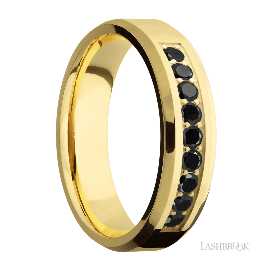 6 mm wide/Beveled/14K Yellow Gold band with an arrangement of 9, .05 carat Round Black Diamond stones in a Bead Channel setting.-Wedding Band-Lashbrook Designs-I don' know or see my size-hurdles-jewelry-boulder-colorado