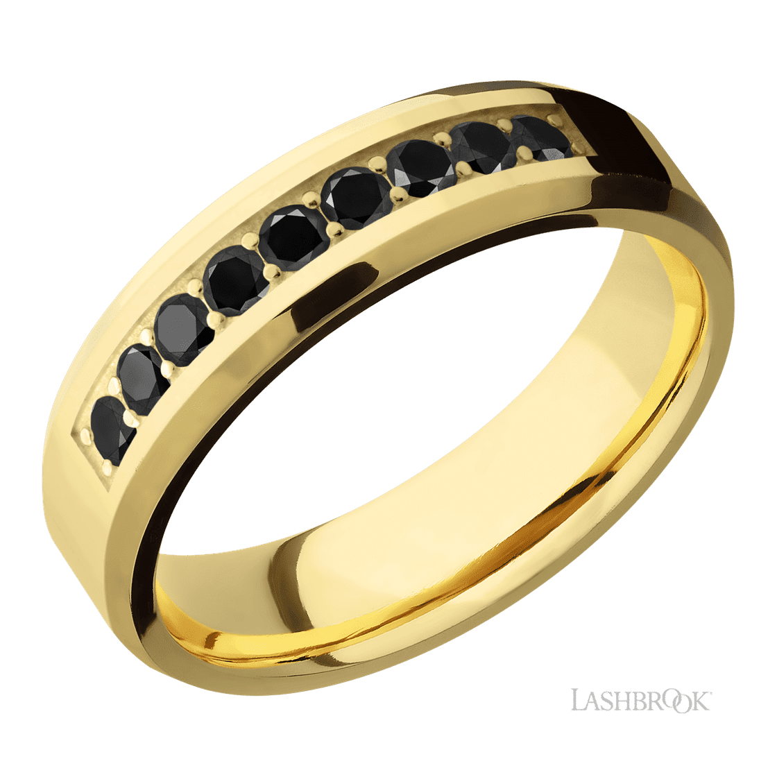6 mm wide/Beveled/14K Yellow Gold band with an arrangement of 9, .05 carat Round Black Diamond stones in a Bead Channel setting.-Wedding Band-Lashbrook Designs-I don' know or see my size-hurdles-jewelry-boulder-colorado