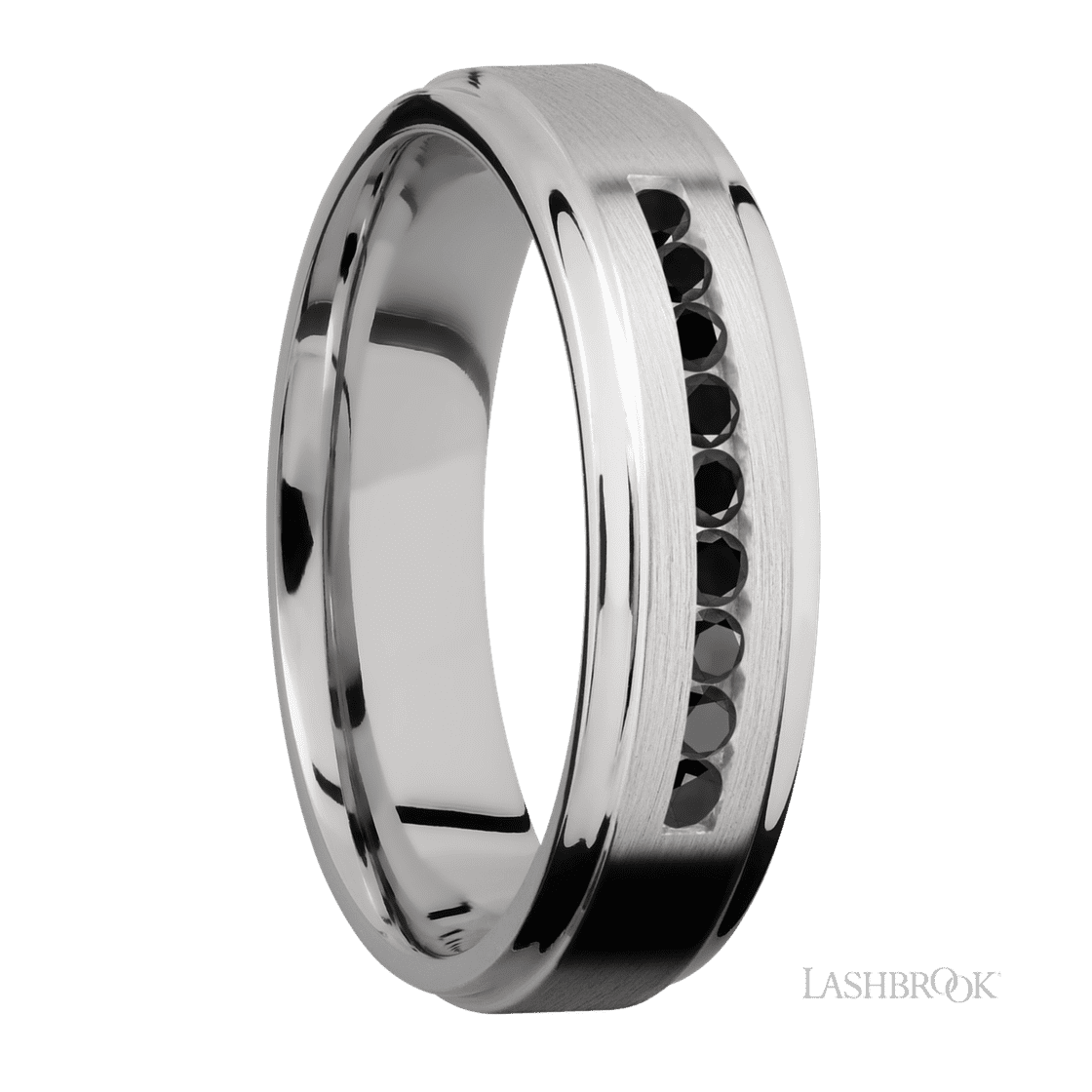 6 mm wide/Flat Grooved Edges/Cobalt Chrome band with an arrangement of 9, .03 carat Round Black Diamond stones in a Channel setting.-Wedding Band-Lashbrook Designs-I don' know or see my size-hurdles-jewelry-boulder-colorado