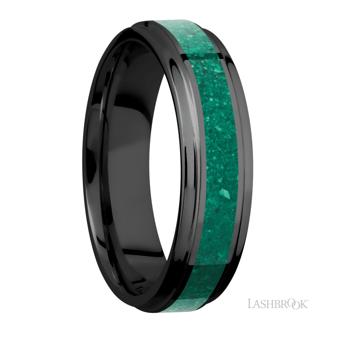 6 mm wide/Flat Grooved Edges/Zirconium band with one 3 mm Centered inlay of Malachite.-Wedding Band-Lashbrook Designs-I don' know or see my size-hurdles-jewelry-boulder-colorado
