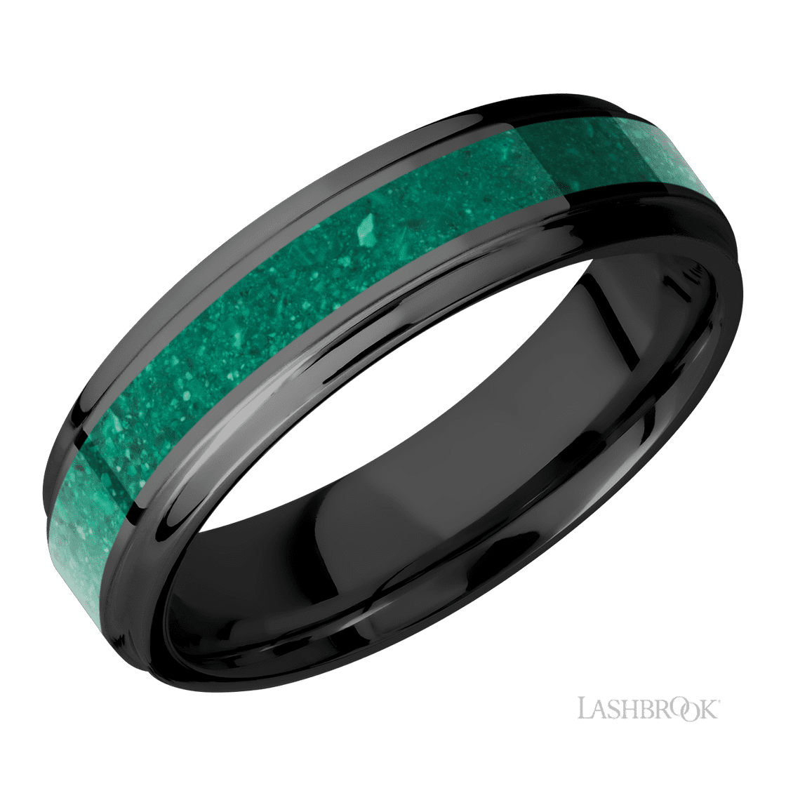 6 mm wide/Flat Grooved Edges/Zirconium band with one 3 mm Centered inlay of Malachite.-Wedding Band-Lashbrook Designs-I don' know or see my size-hurdles-jewelry-boulder-colorado