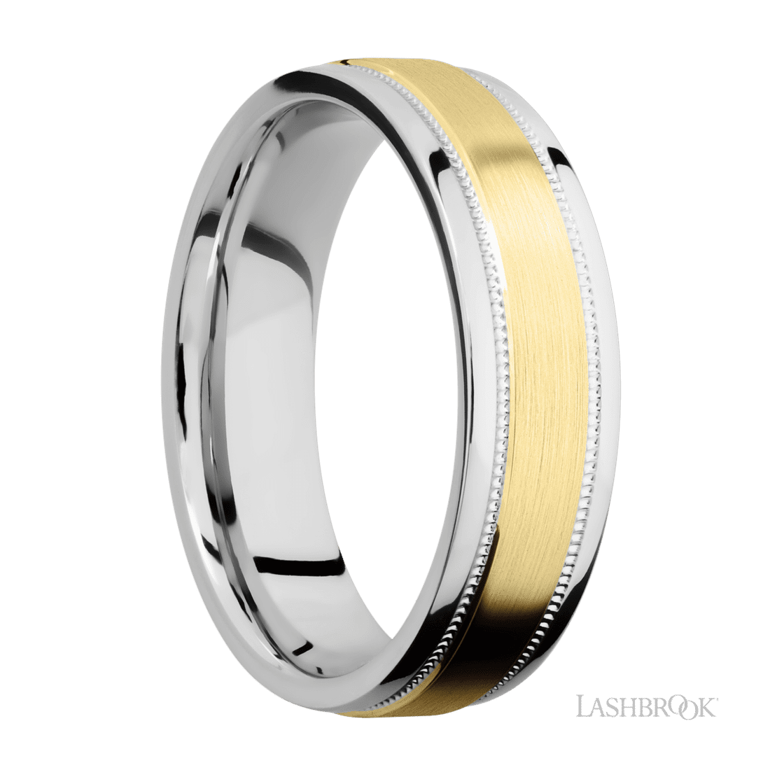 6 mm wide/Flat Stepped Edges Milgrain/Cobalt Chrome band with one 3 mm Raised Centered inlay of 14K Yellow Gold.-Wedding Band-Lashbrook Designs-I don' know or see my size-hurdles-jewelry-boulder-colorado