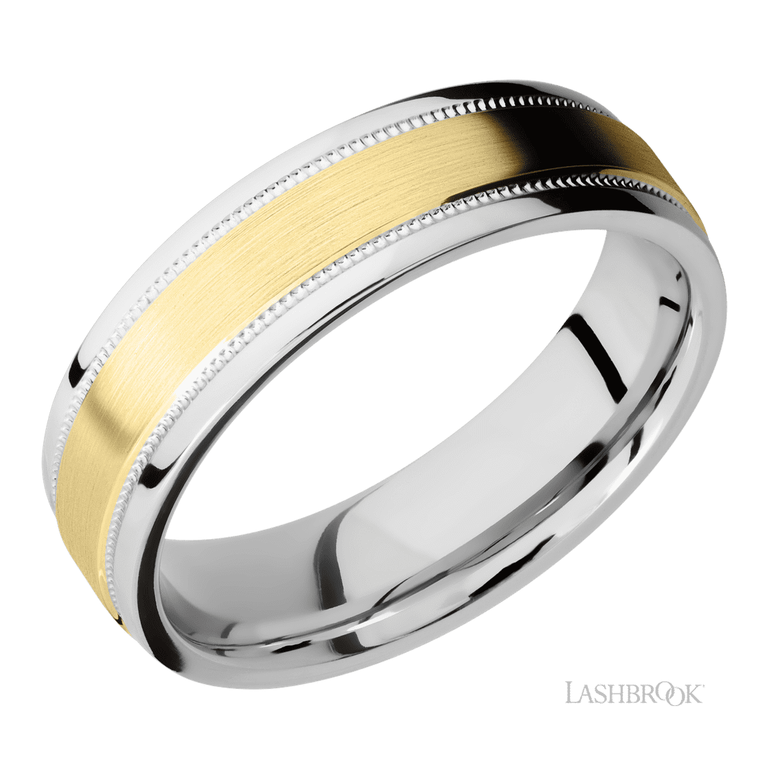 6 mm wide/Flat Stepped Edges Milgrain/Cobalt Chrome band with one 3 mm Raised Centered inlay of 14K Yellow Gold.-Wedding Band-Lashbrook Designs-I don' know or see my size-hurdles-jewelry-boulder-colorado