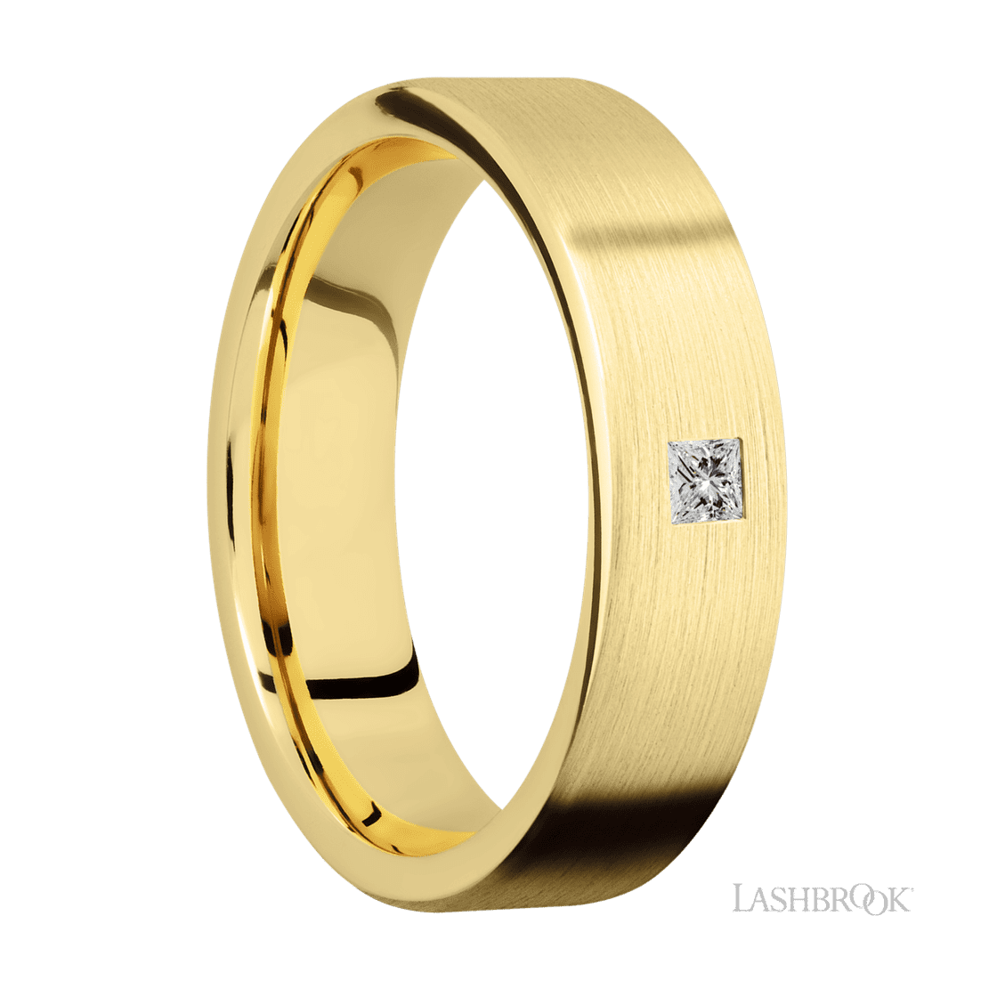 6 mm wide/Flat/14K Yellow Gold band with an arrangement of 1, .1 carat Princess Diamond stones in a Flush setting.-Wedding Band-Lashbrook Designs-I don' know or see my size-hurdles-jewelry-boulder-colorado
