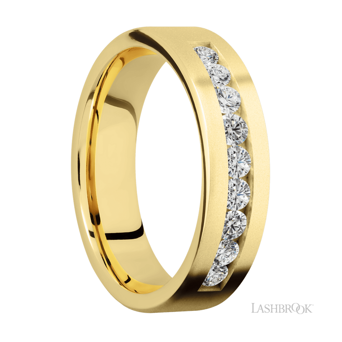 6 mm wide/Flat/14K Yellow Gold band with an arrangement of 9, .07 carat Round Diamond stones in a Channel setting.-Wedding Band-Lashbrook Designs-I don' know or see my size-hurdles-jewelry-boulder-colorado