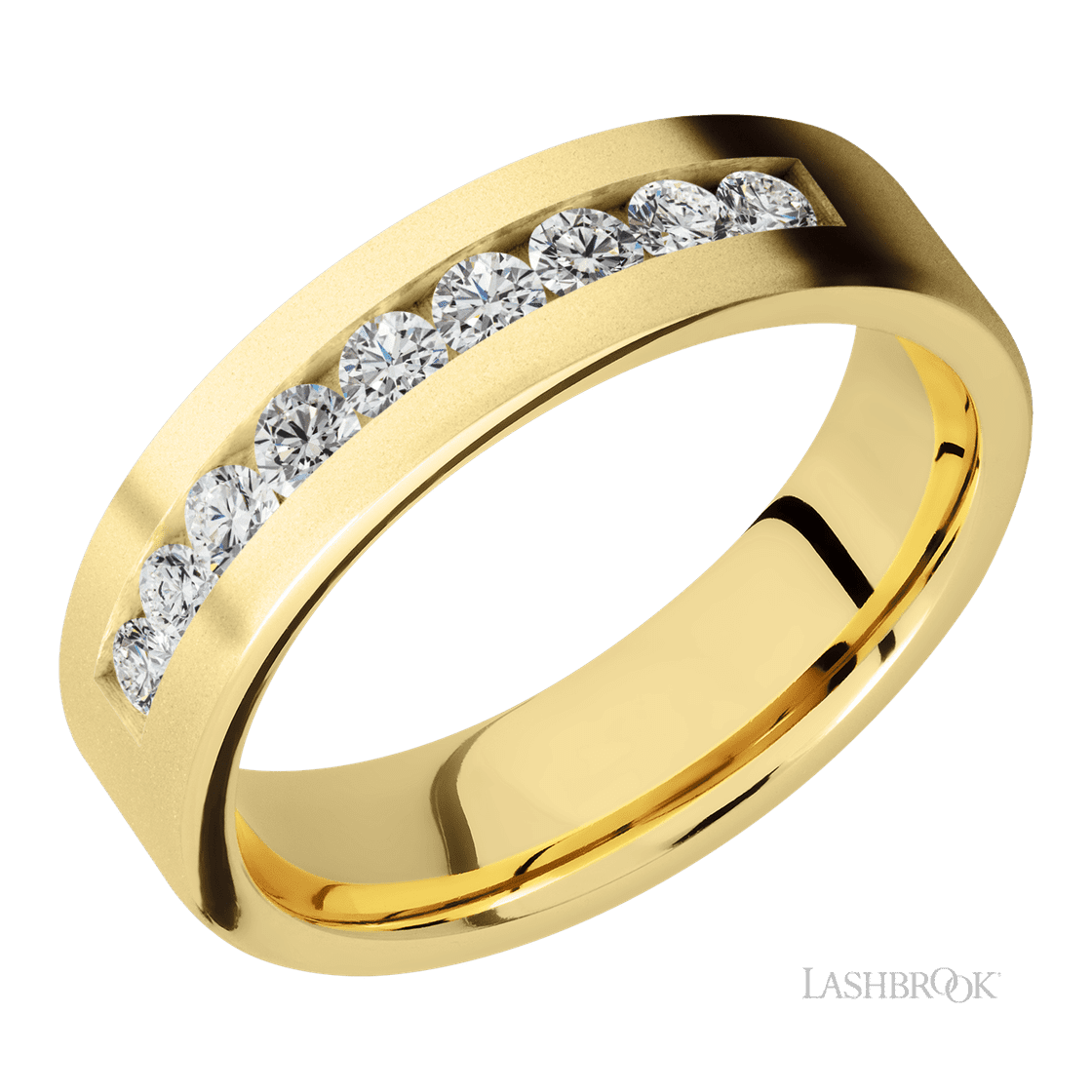 6 mm wide/Flat/14K Yellow Gold band with an arrangement of 9, .07 carat Round Diamond stones in a Channel setting.-Wedding Band-Lashbrook Designs-I don' know or see my size-hurdles-jewelry-boulder-colorado