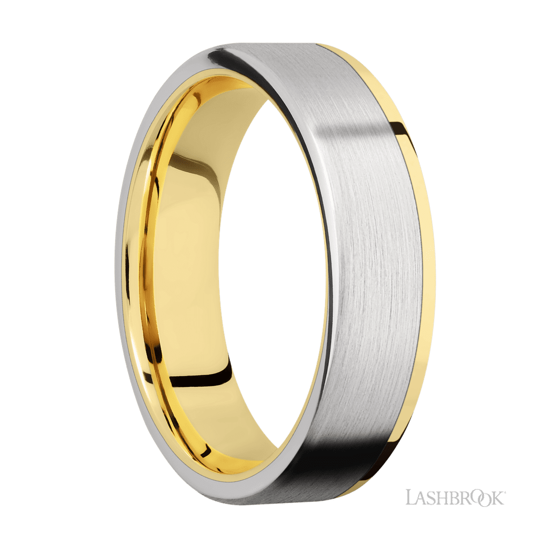 6 mm wide/Flat/14K Yellow Gold band with one 5 mm Off Center Edge inlay of Cobalt Chrome.-Wedding Band-Lashbrook Designs-I don' know or see my size-hurdles-jewelry-boulder-colorado