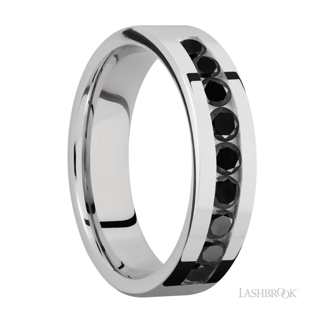 6 mm wide/Flat/Cobalt Chrome band with an arrangement of 9, .1 carat Round Black Diamond stones in a Channel setting.-Wedding Band-Lashbrook Designs-I don' know or see my size-hurdles-jewelry-boulder-colorado