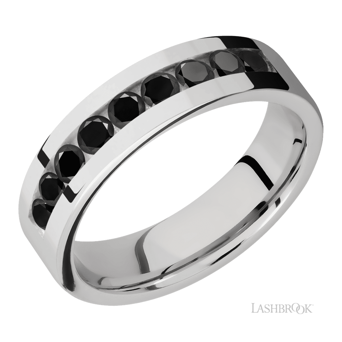 6 mm wide/Flat/Cobalt Chrome band with an arrangement of 9, .1 carat Round Black Diamond stones in a Channel setting.-Wedding Band-Lashbrook Designs-I don' know or see my size-hurdles-jewelry-boulder-colorado